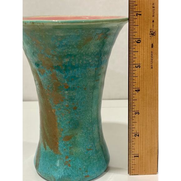 Pisgah Forest Pottery 1950's Trumpet 6.75" Tall Turquoise Gold Vase with Pink - Picture 10 of 14
